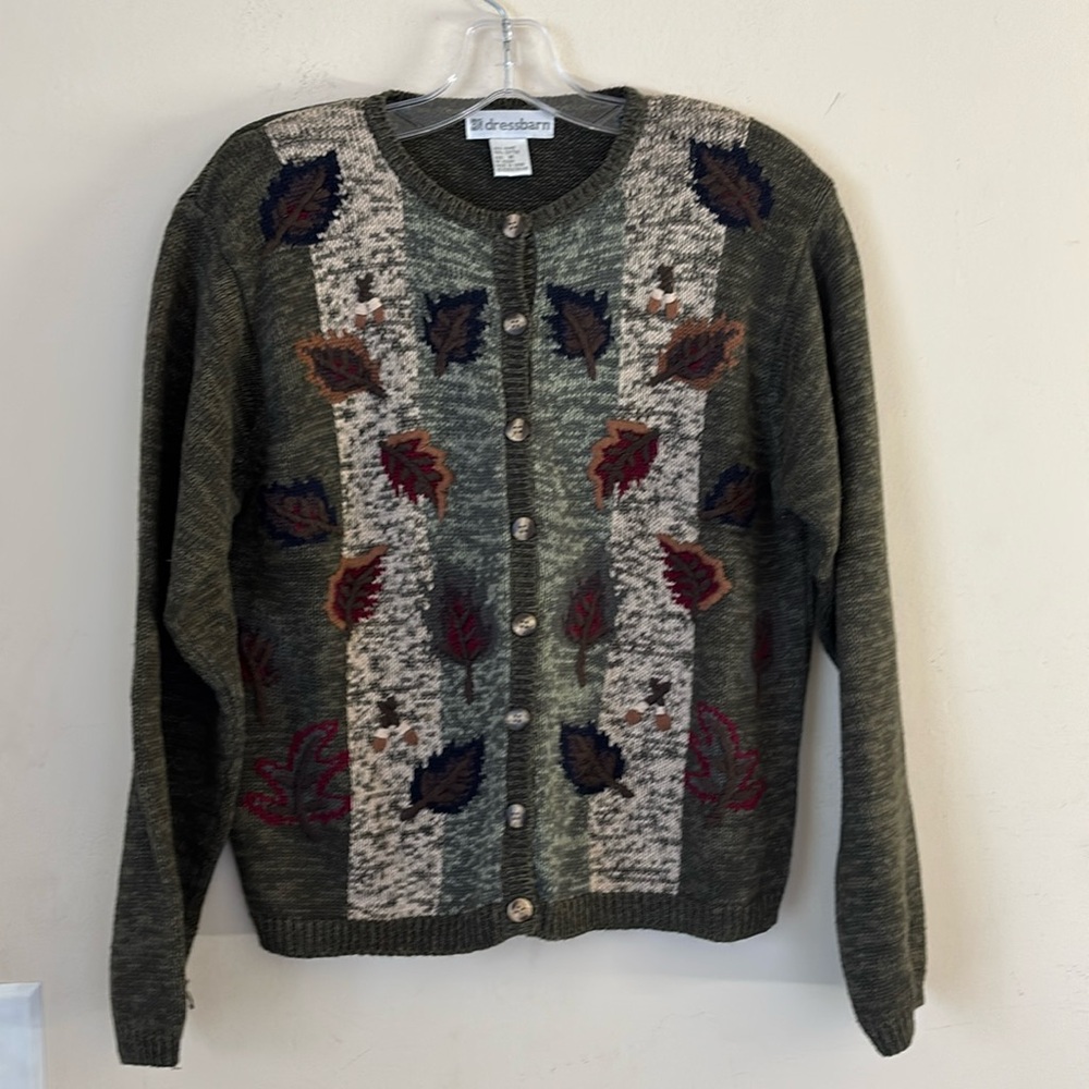 Vintage Dressbarn fall leaf patterned‎ brown buttondown cardigan sweater Size M